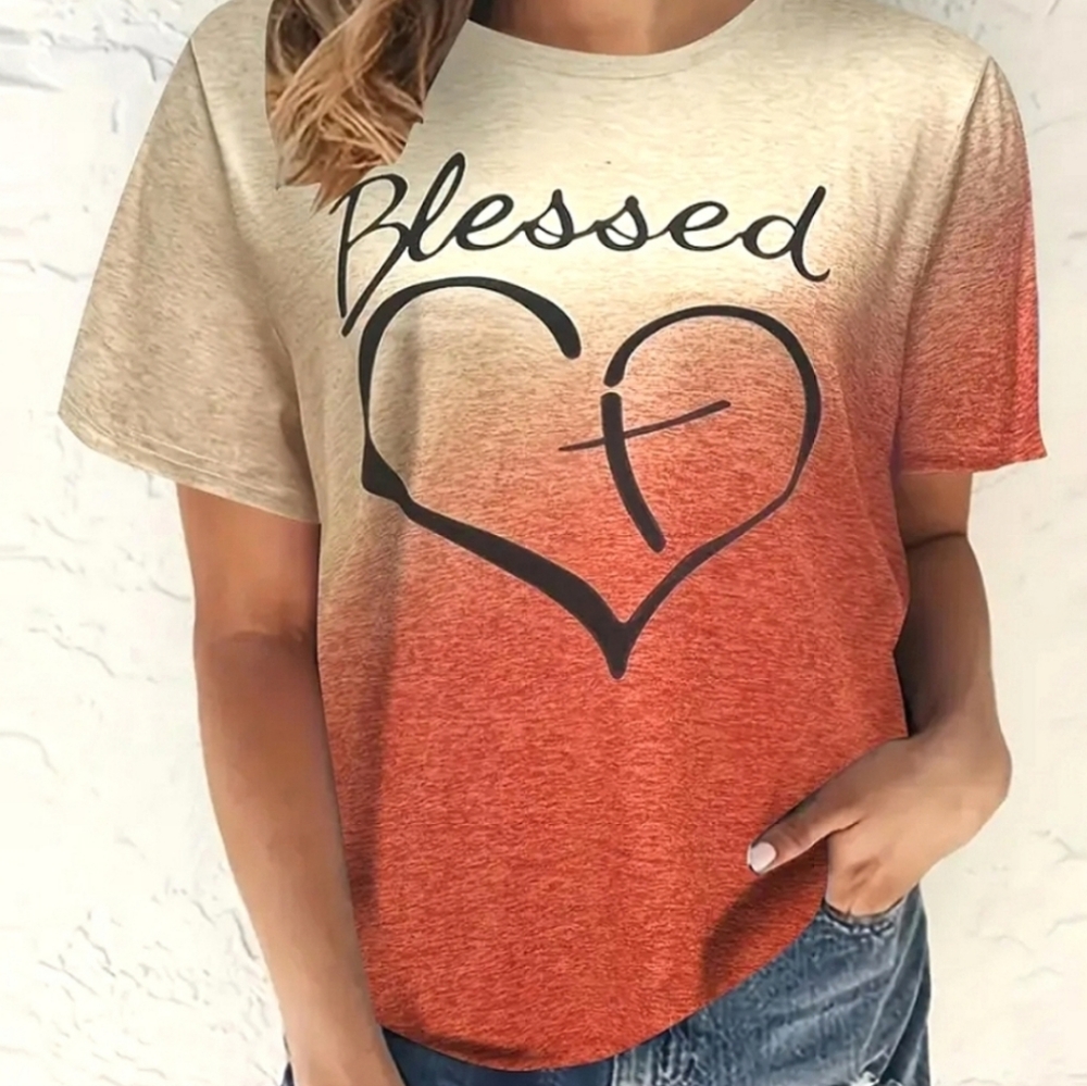 NWT "Blessed" Faith Ombre gold- orange cross heart t-shirt super soft